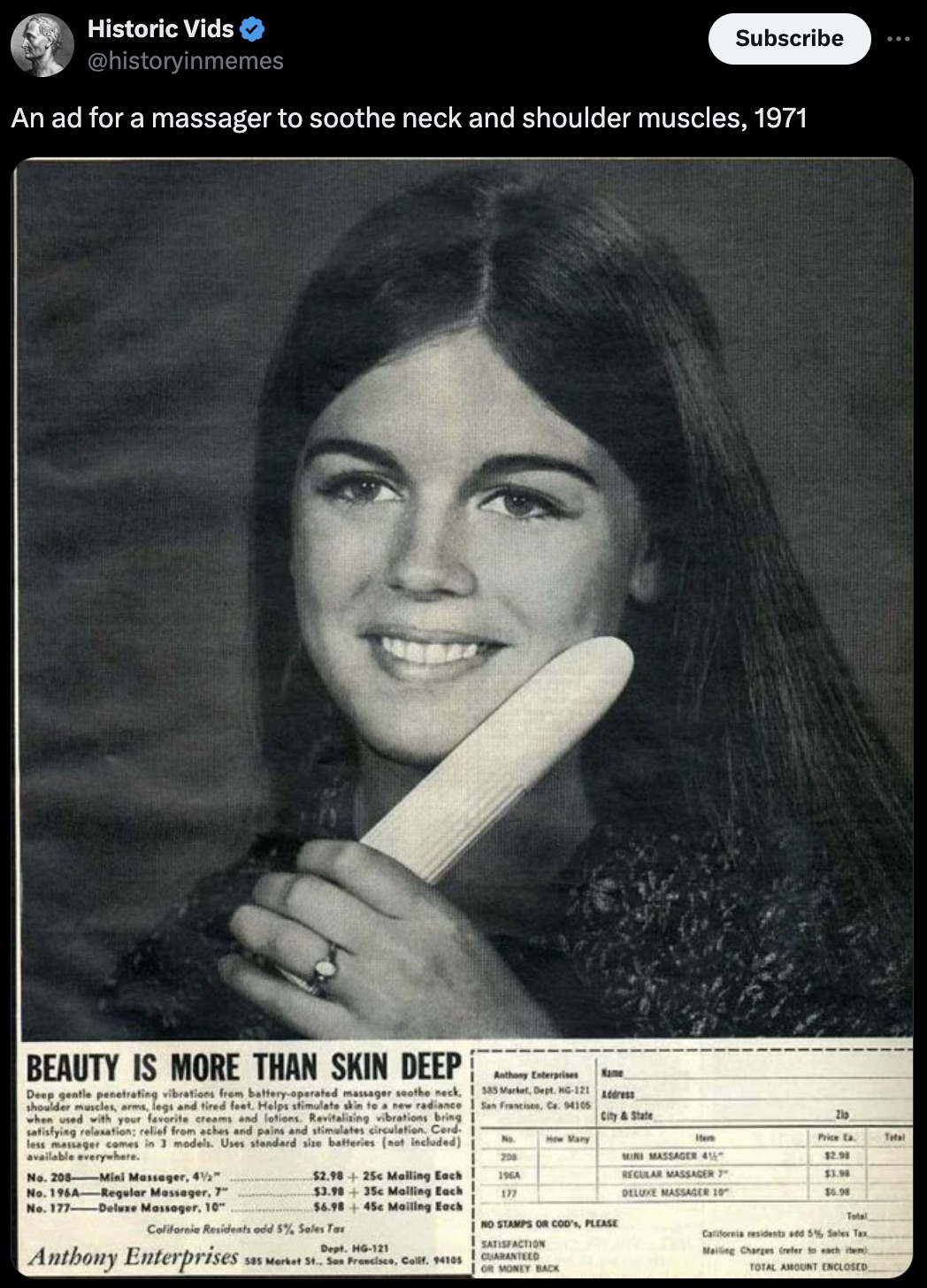 old vibrator ads - Historic Vids Subscribe An ad for a massager to soothe neck and shoulder muscles, 1971 Beauty Is More Than Skin Deep Anthony Enterprises Deep gentle penetrating vibrations from batteryoperated massager soothe neck, I 385 Market, Dept. H